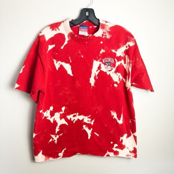 Champion Wisconsin Badgers Crewneck Tie Dye T shirt Small Red - Picture 3 of 7